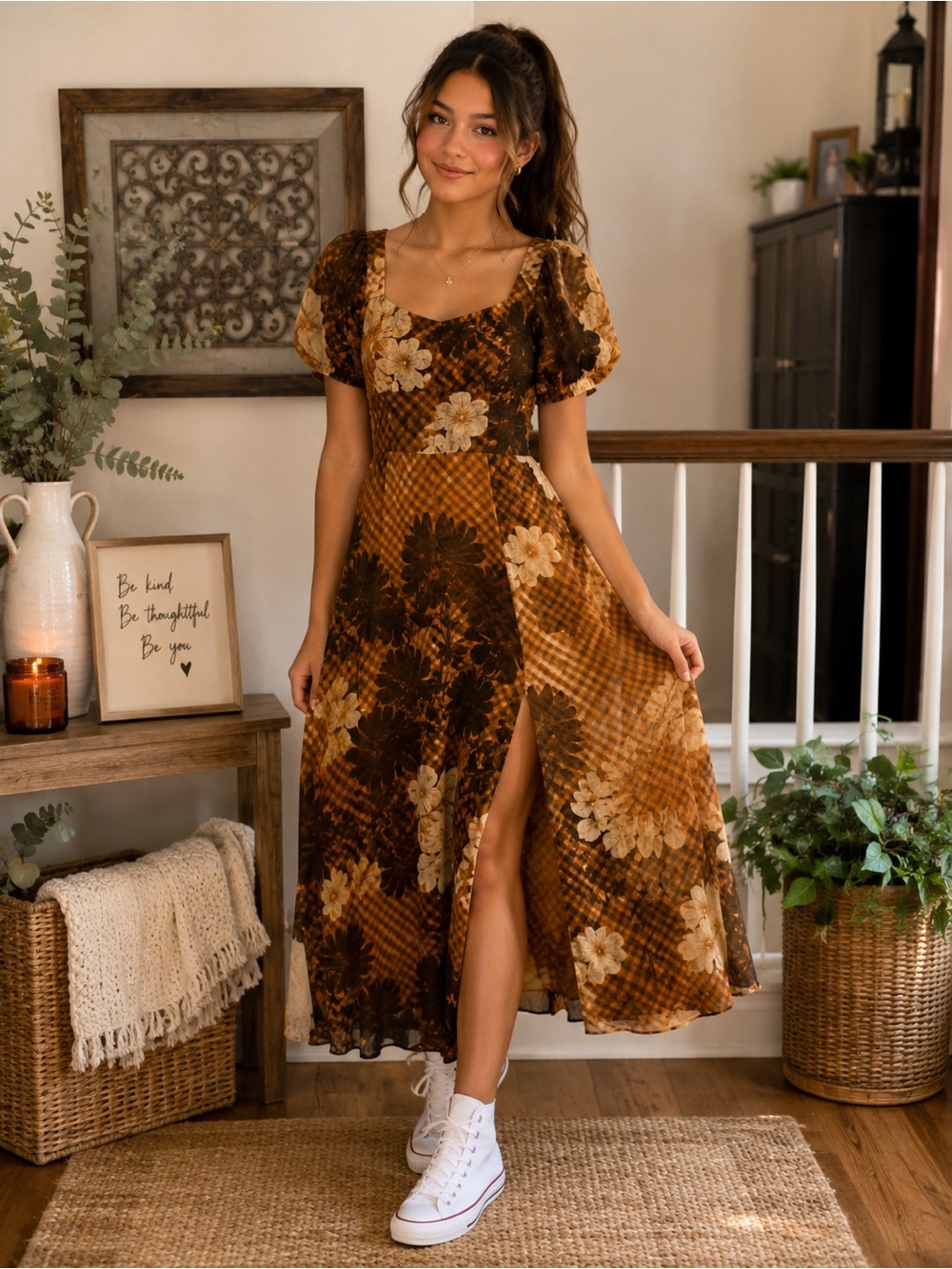 BCX Brown and Cream Floral Puff-Sleeve Maxi Dress